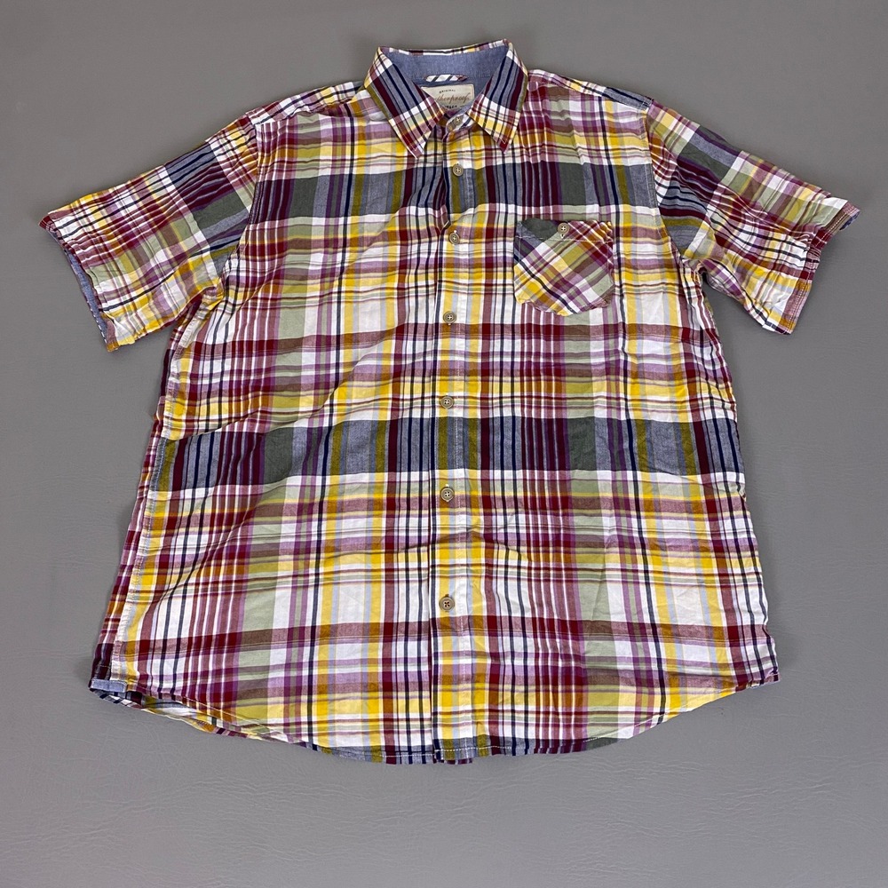 Weatherproof Vintage Shirt Men's Large‎ Button Up Plaid Short Sleeve Yellow Red